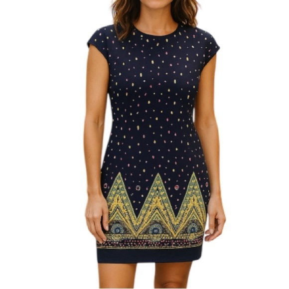 MARIO SERRANI Jewel Print Sleeveless Midi Dress Navy Blue Form Fitting Size 6 - Picture 1 of 11